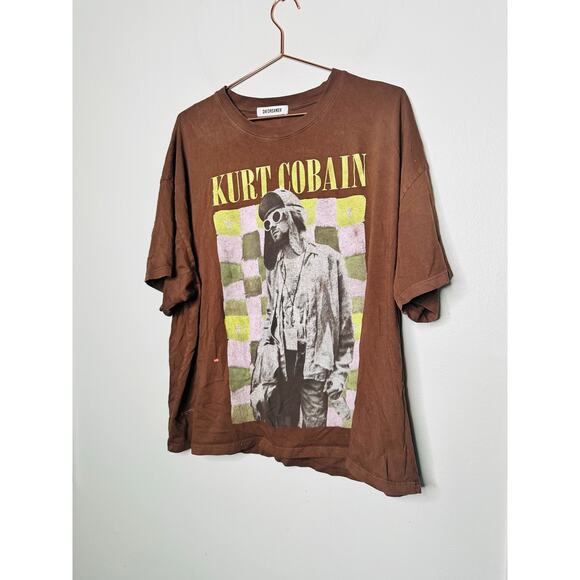 DAYDREAMER Women's Chocolate Brown Kurt Cobain Checkered Top T-Shirt One Size - Picture 2 of 9